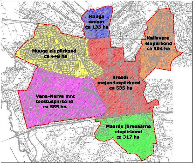 Today's settlement within the administrative territory of the city of Maardu is not compact, but consists of clearly distinct parts: 	Kallavere residential area, Muuga residential area, Vana-Narva road industrial area, Krood economic area, Port of Muuga, Lake Maardu and lakeside residential area