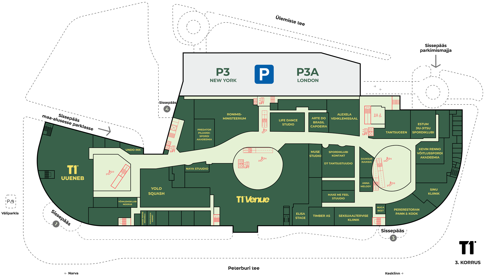 T1 Venue is located on the 3rd floor of the spacious central atrium at T1 Center (Peterburi tee 2, Tallinn). It is easily accessible from all floors and atriums via escalators and elevators. * Parking If you&rsquo;re coming by car, you can park in the underground parking garage or the parking structure at the T1 Center. Upon arrival at the conference, please register your vehicle at the kiosk next to the coat check, which will activate free parking for up to 10 hours. The parking time can be extended if necessary.